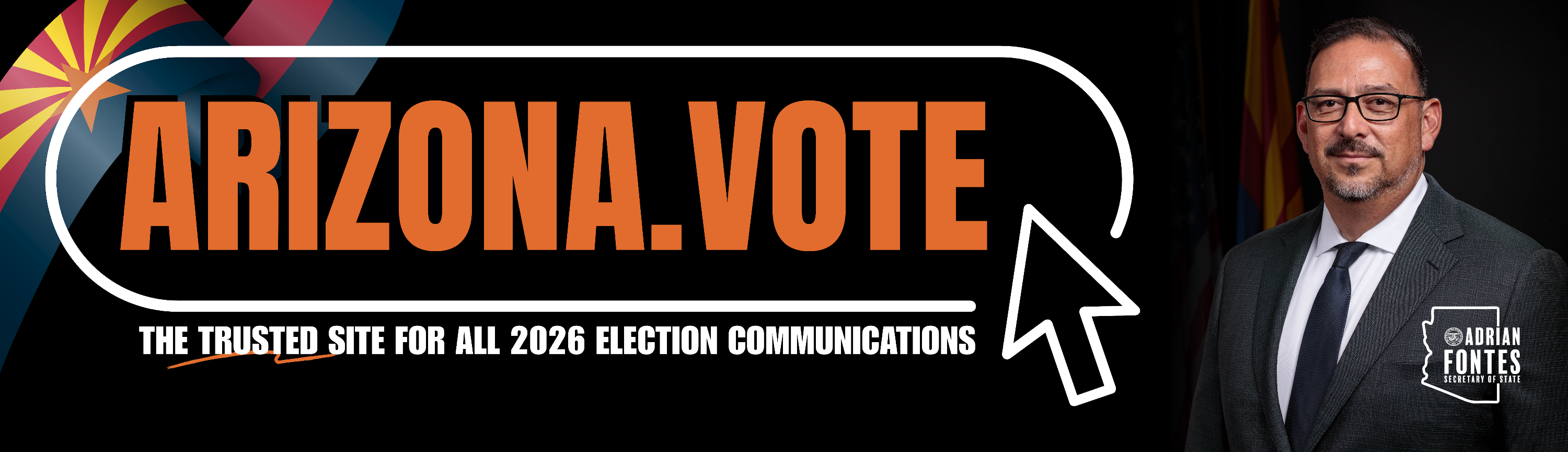 banner image on arizona.vote with Adrian Fontes and his logo